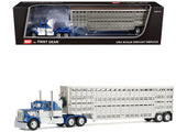 Kenworth W900A with 36 Sleeper and 45 Wilson Vintage Livestock Trailer Mariner Blue and White with Silver Trailer 1/64 Diecast