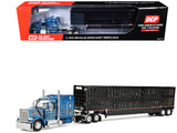 Peterbilt 589 with 72 MidRoof Sleeper and Wilson Silverstar Livestock Trailer Bright Blue with Black Stripes and Trailer 1/64 