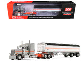 Peterbilt 589 with 58 MidRoof Sleeper and 50 Wilson Pacesetter Grain Trailer Silver Metallic with Orange Stripes 1/64 Diecast