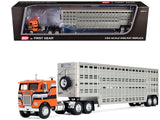Freightliner COE and 45 Wilson Vintage Livestock Trailer Orange with Stripes 1/64 Diecast Model by DCP/First Gear