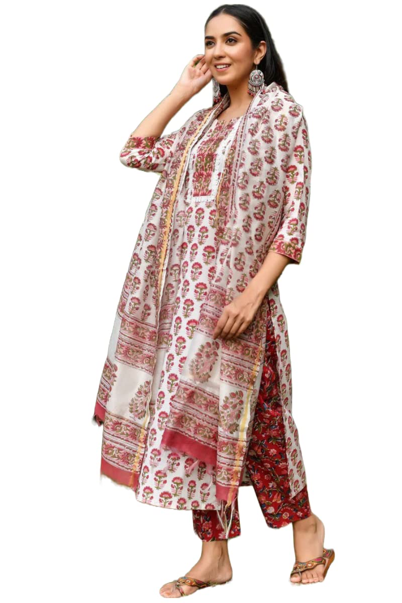 Gosriki Women'S Cotton Blend Straight Printed Kurta With Pant & Dupatta (White-Bone-Gs_Xl_White_X-Large),White,,B0BWFLTX65