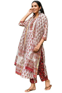 Gosriki Women'S Cotton Blend Straight Printed Kurta With Pant & Dupatta (White-Bone-Gs_Xl_White_X-Large),White,,B0BWFLTX65