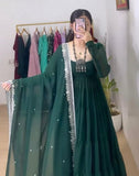Wedani Georgette Embroidedred Anarkali Dress For Women Green,Green,M,Cotton,Anarkali,Kurta, Scarf