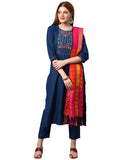 Gosriki Women'S Cotton Blend Straight Solid Kurta With Pant & Dupatta (Acdt-Cerosin-Gs_M_Dark Blue_Medium),Dark Blue,,B0BR87BPY2