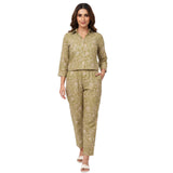 Aumkara WomenS Cotton Mulmul Two Piece CoOrd Set With Side Pocket 3/4Th Sleeves Collar Neck Floral Printed Pattern Waist Lengt