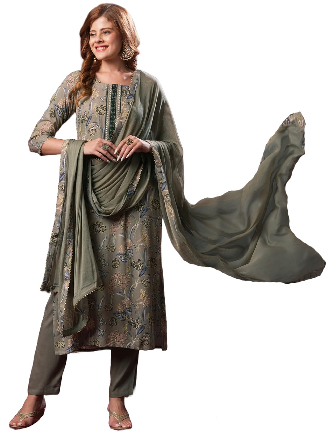 Anni Designer Women'S Rayon Blend Printed Straight Kurta With Pant & Dupatta (Vice Grey-Vks03_Xl_Grey_X-Large),Grey,XL