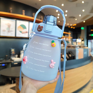 NCDUANSAN Kawaii water bottle large capacity water bottle portable sports bottle with cute three-dimensional sticker 1300ML(blue