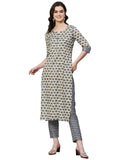 Anni Designer Women'S Cotton Blend Straight Printed Kurta With Pant (B12 Cream_L_Cream_Large),Cream,L,,,