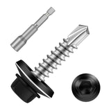 Etauwe #10 x 1 Zinc Plated Steel Self Drilling Roofing Screws, Hex Head Self Tapping Screws with EPDM Washer, Black Head, 100 PC