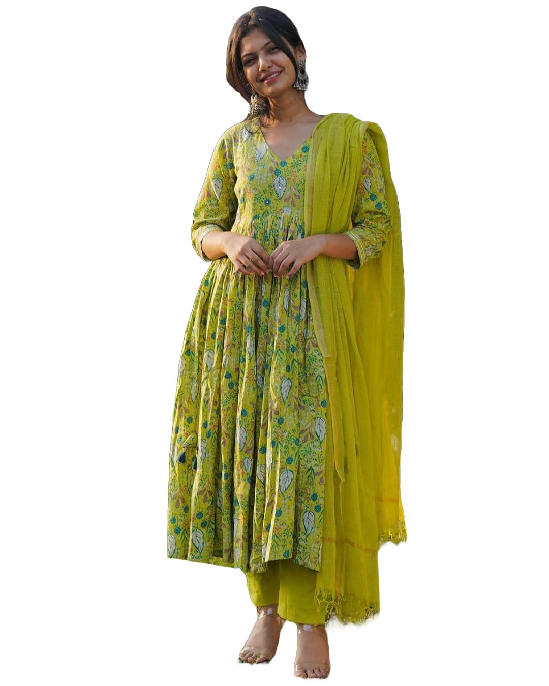Anni Designer Women'S Rayon Viscose Printed Anarkali Kurta With Pant & Dupatta (Horizon Green_Xl_Green_X-Large),Green,XL