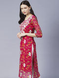 Anni Designer Women'S Printed Georgette Chikankari Embroidered Kurti (Gori-Dark Pink_S_Dark Pink_Small),Dark Pink,S,Georgette,Regular,One Kurta