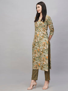 Gosriki Women'S Cotton Blend Straight Printed Kurta With Pant (Seep Green-Gs_Xl_Green_X-Large),Green,,B0CT3L4RPF