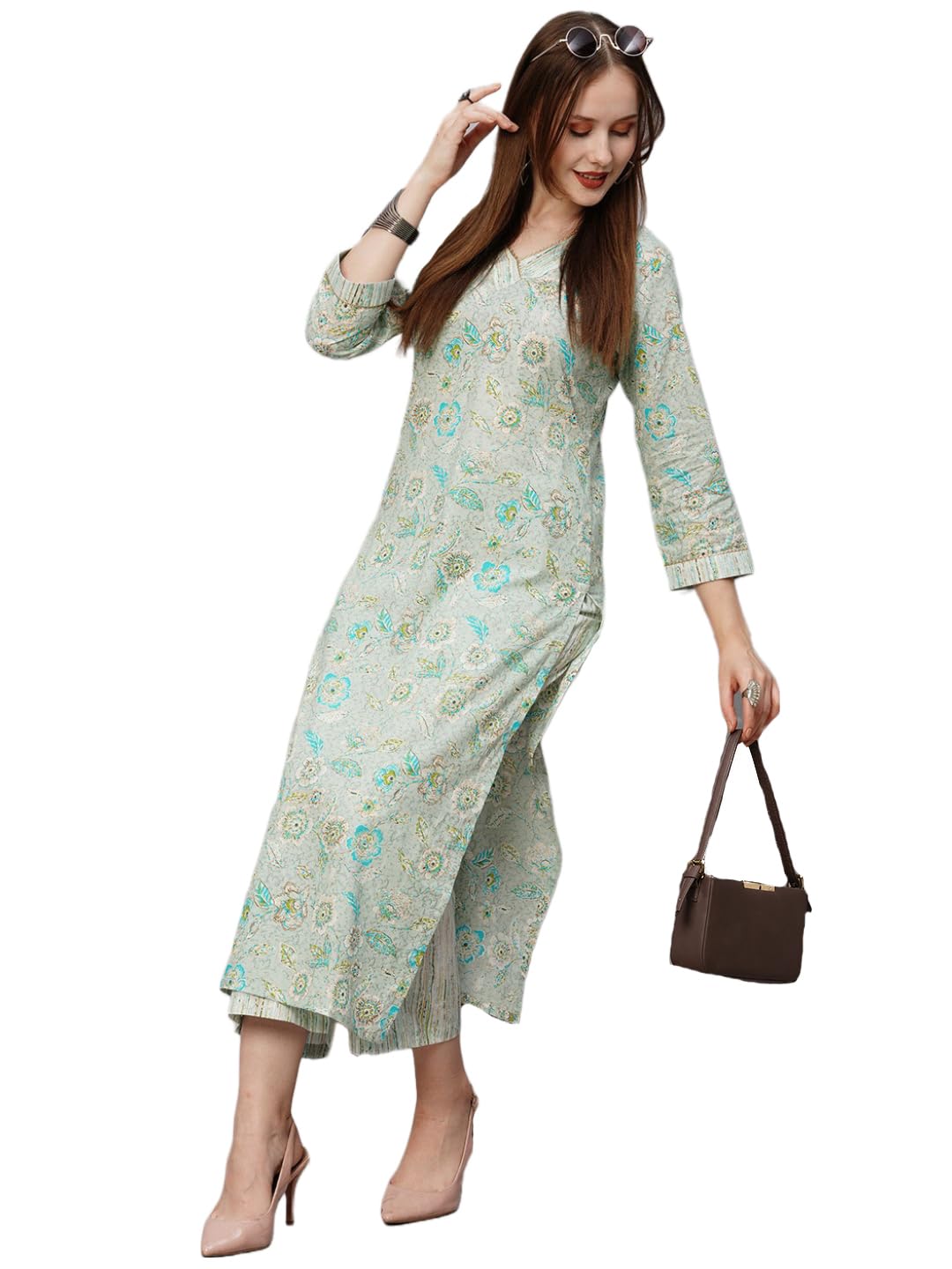 Anni Designer Women'S Cotton Blend Printed Straight Kurta With Pant (Vira Grey_Xxl_Grey_Xx-Large),Grey,2XL