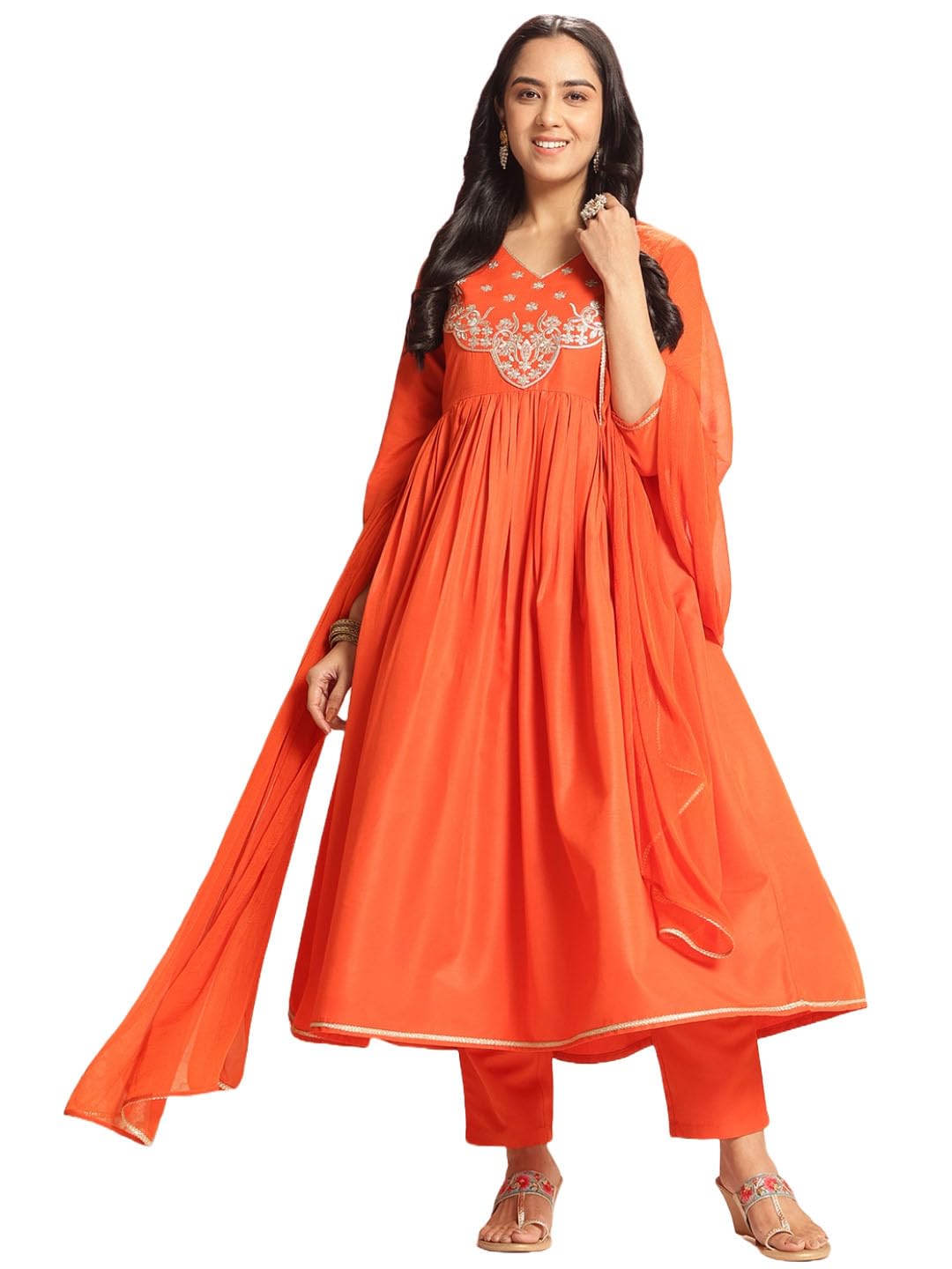 Anni Designer Women'S Rayon Blend Embroidered Anarkali Kurta With Pant & Dupatta (Sharvali Orange_Xxl_Orange_Xx-Large),Orange,2XL