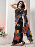 Satrani Womens Georgette Floral Printed Ready To Wear Saree With Unstitched Blouse Piece (4Rs108N_Black6)