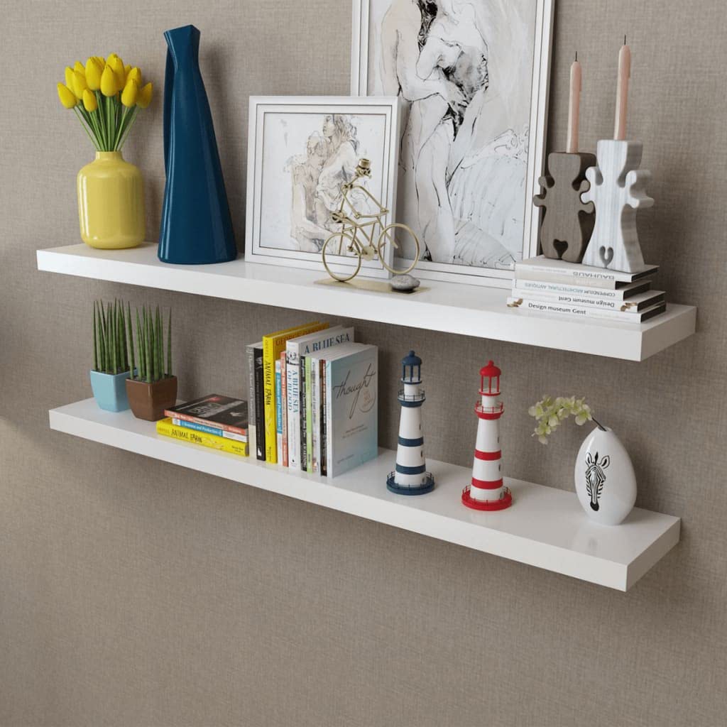 2 White Mdf Floating Wall Display Shelves Book/Dvd Storage
