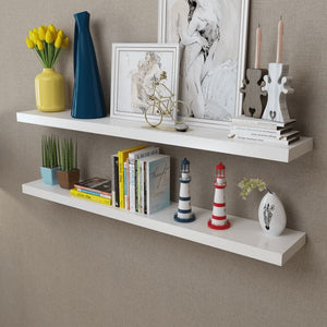 2 White Mdf Floating Wall Display Shelves Book/Dvd Storage