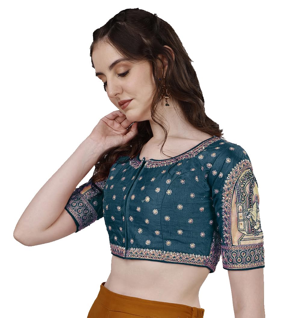 Vihu Fashion Women's Heavy Embroidery Coding with Sequins and Diamond Work Half Sleeves Fancy Cutwork Readymade Saree Blouse.(Pa