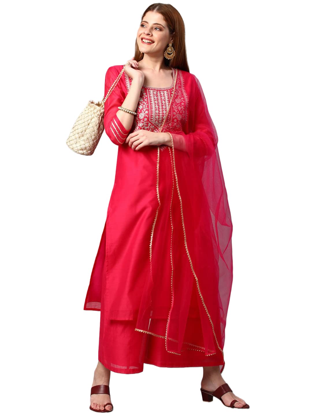 Gosriki Women'S Cotton Blend Solid Straight Kurta With Palazzos & Dupatta (Dharan-Pink-Gs_S_Pink_Small),Pink,,B0BPXZGJL6
