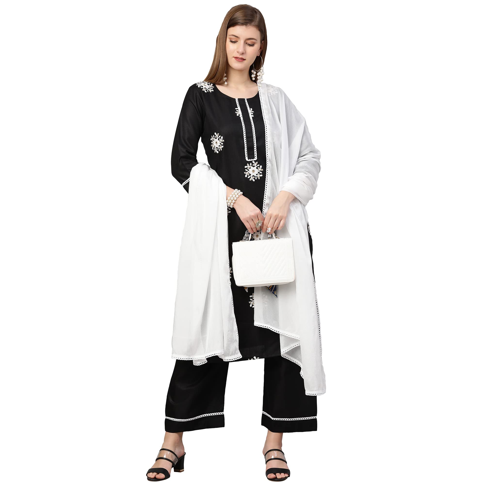 Anni Designer Women'S Cotton Blend Straight Kurta With Palazzo & Dupatta (Saadgi Black_L_Black_Large),Black,L