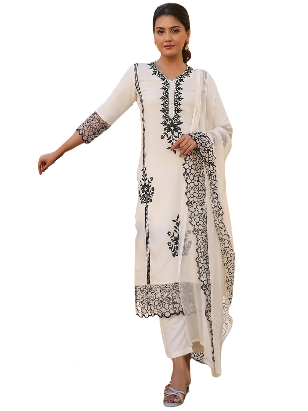 Anni Designer Women'S Rayon Blend Embroidered Straight Kurta With Pant & Dupatta (Trp-Off-White-Nbh_3Xl_White_Xxx-Large),White,3XL