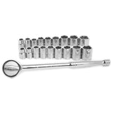 Performance Tool W38302 17 Piece 1/2Inch Drive SAE and Metric 6 Point Socket Set with Ratchet