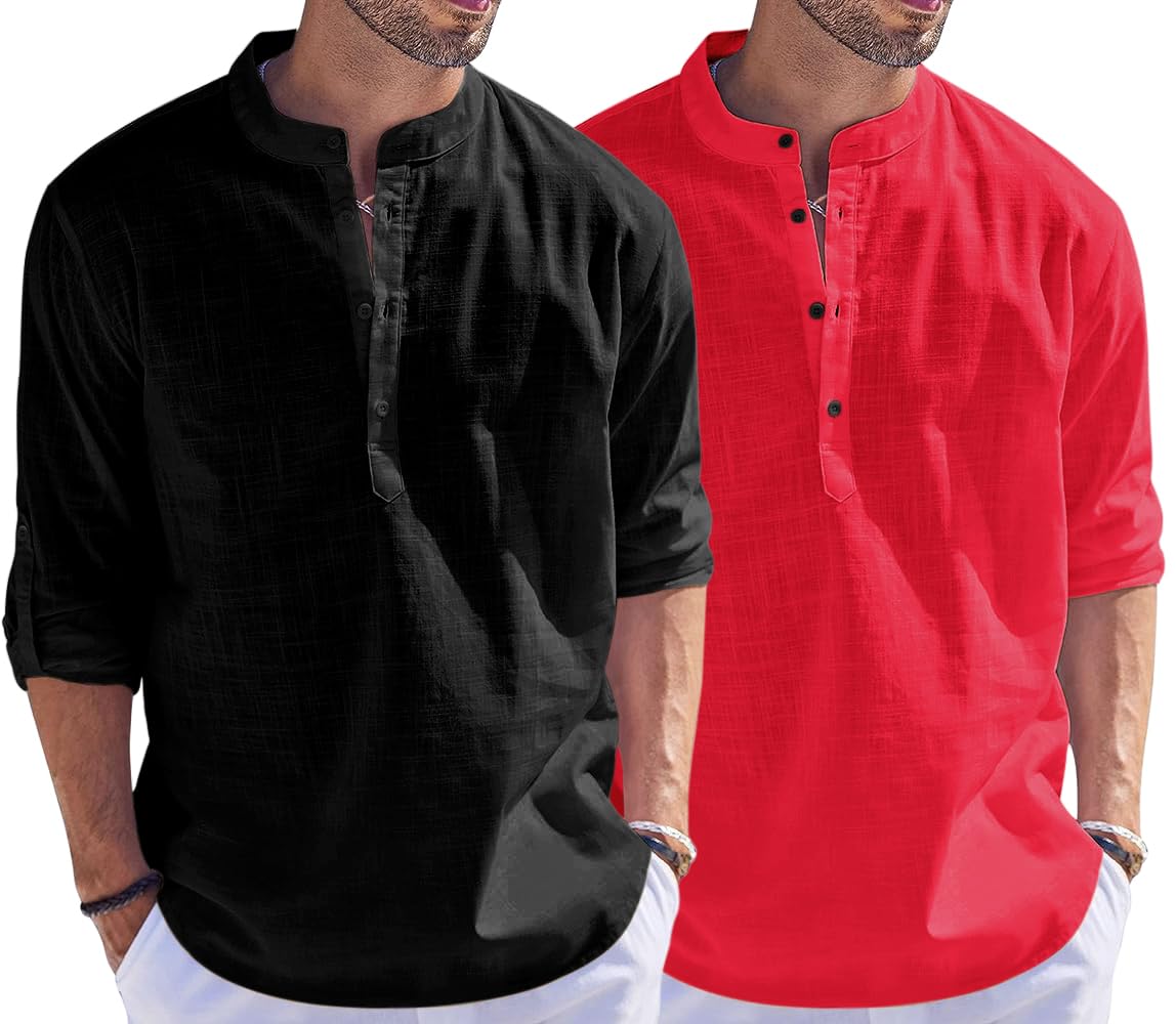 Bellstone Men'S Cotton Blend Solid Regular Dress Shirt (Kurta1500_Combo_Black & Red_M