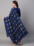 Anni Designer Women'S Cotton Blend Embroidered Straight Kurta With Pant & Dupatta (Mysuru-Dark Blue_M_Dark Blue_Medium),Dark Blue,M,Cotton Blend,Regular,Dupatta