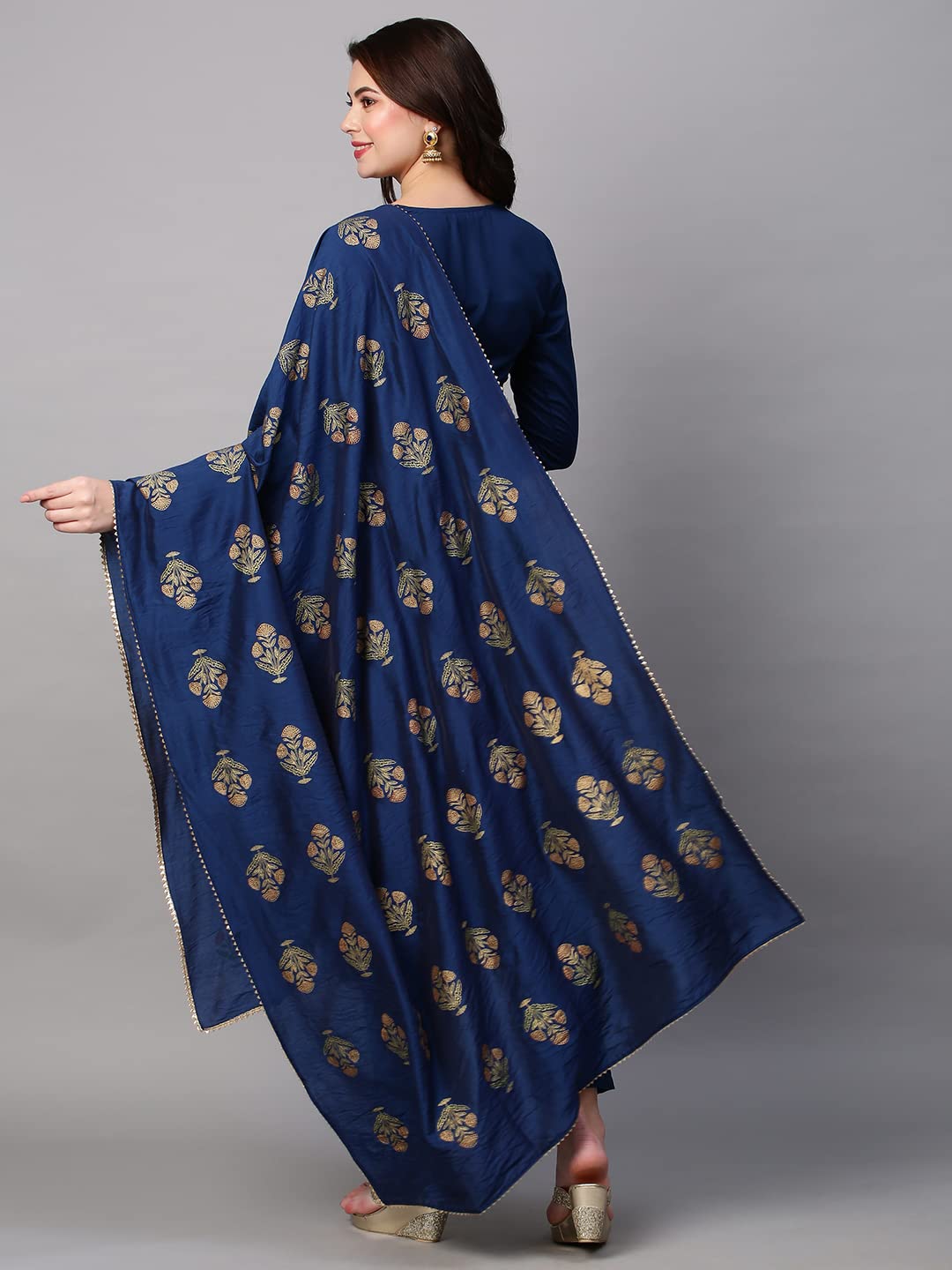 Anni Designer Women'S Cotton Blend Floral Regular Kurta With Pant & Dupatta (Mysuru-Nw01_Dark Blue,Dark Blue,XL,Cotton Blend,Regular,Dupatta