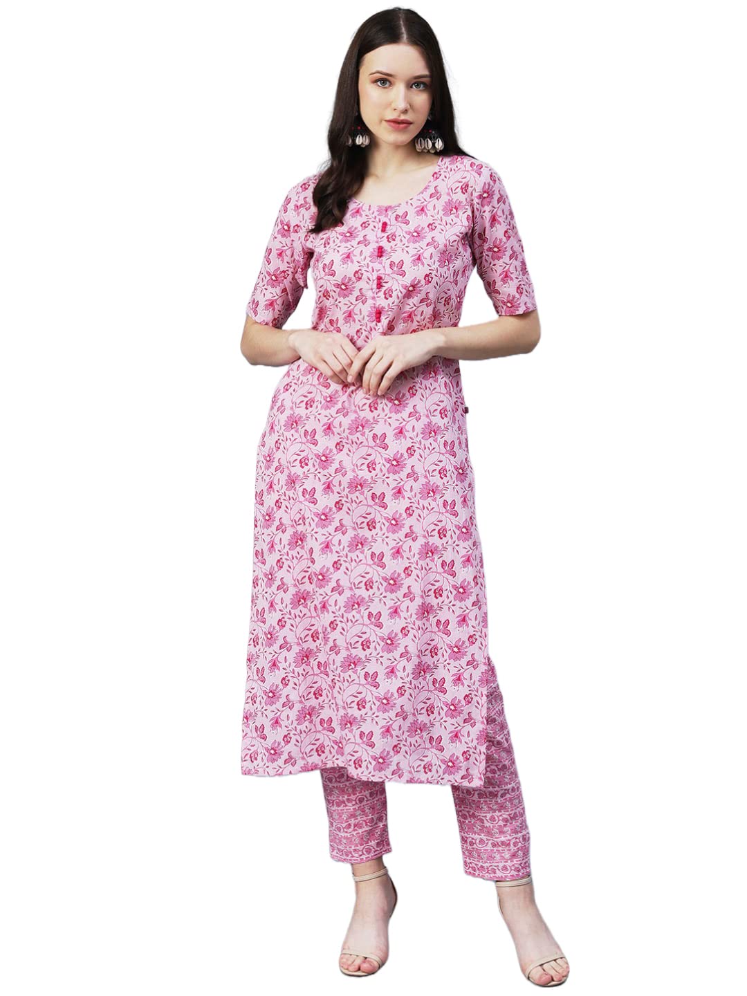 Anni Designer Women'S Cotton Blend Printed Straight Kurta With Pant (Mbc-Baby Pink_Xl_Baby Pink_X-Large),Baby Pink,XL