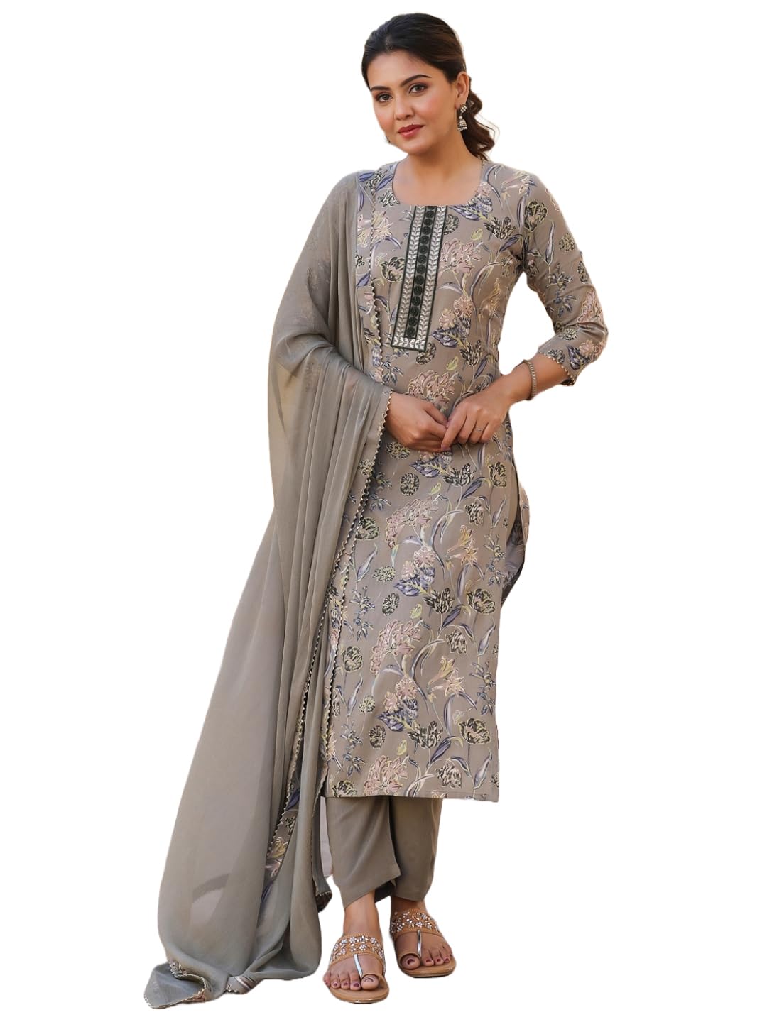 Anni Designer Women'S Rayon Blend Printed Straight Kurta With Pant & Dupatta (Vice Grey_Xxl_Grey_Xx-Large),Grey,2XL