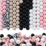HHCFAST 150Pcs Mixed Color 15mm Silicone Beads for Keychain Making, Pink Black Cow Print Silicone Beads for Pens and Bracelet Je