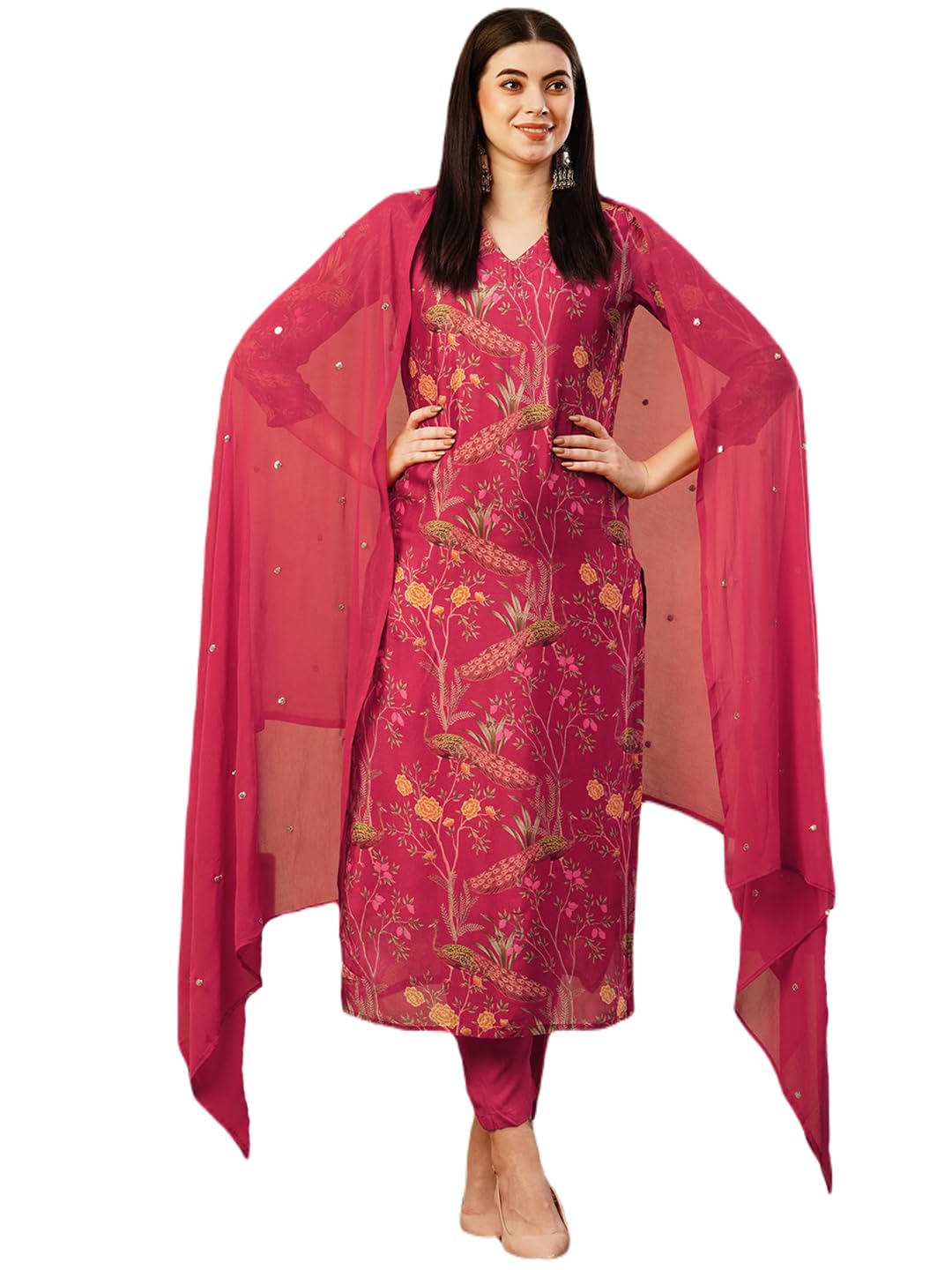 Gosriki Women'S Cotton Blend Straight Printed Kurta With Pant & Dupatta (Shoko Red-Nfb-Gs_5Xl_Red_Xxxxx-Large),Red,5,B0CTHTDVMR