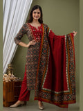 Anni Designer Women'S Cotton Blend Printed Straight Kurta With Pant & Dupatta (Makshi Red_M_Red_Medium),Red,M,Cotton Blend,Regular,Kurta with Bottomwear & Dupatta