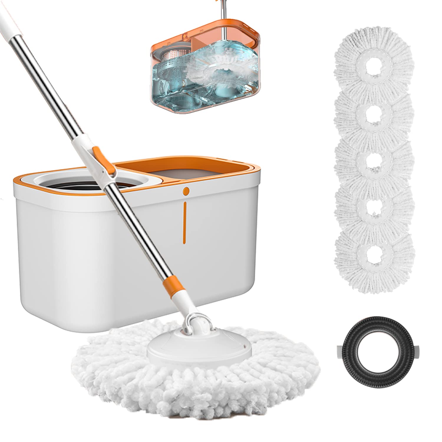 Floor Spin Mop and Bucket Set with Wringer System Extended Stainless Steel Handle 61for Home Floor Cleaning Use with 5 Replace