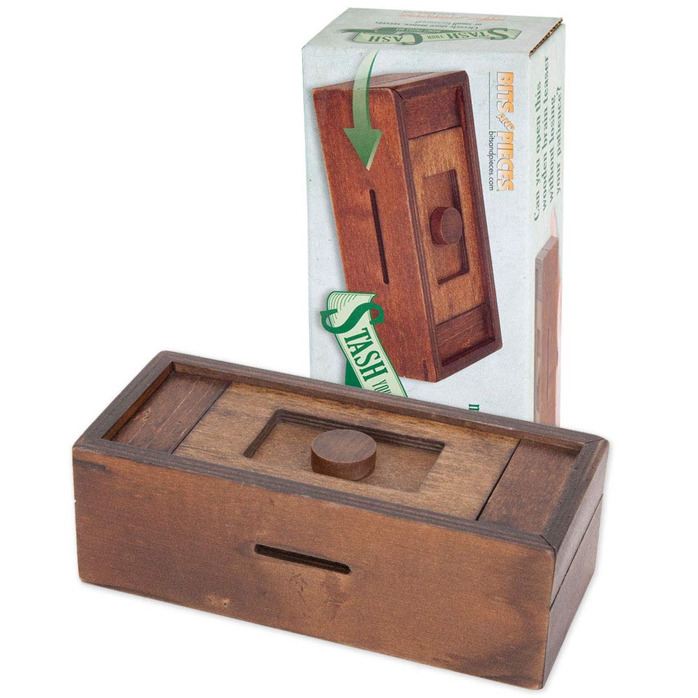 Bits and Pieces - Stash Your Cash - Secret Puzzle Box - Camouflage Your Cash Money Holder - Brain Teaser - Wooden Secret Compart