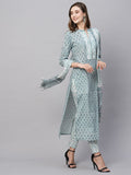 Anni Designer Women'S Cotton Blend Straight Printed Kurta With Pant & Dupatta (Dudu Blue_L_Blue_Large),Blue,L,,,