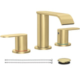 Brushed Gold Bathroom Faucet 3 Hole 8 Inch Widespread Waterfall Bathroom Sink Faucets 2 Handles with Pop-up Drain and Supply Lin