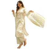 Anni Designer Women'S Cotton Blend Floral Printed Straight Kurta With Palazzos & Dupatta (Ghost-Off-White_S_White_Small),White,S