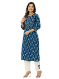 Rytras Women'S Cotton Printed Straight Kurta With Palazzos Pant(Ryt546,Blue,L)