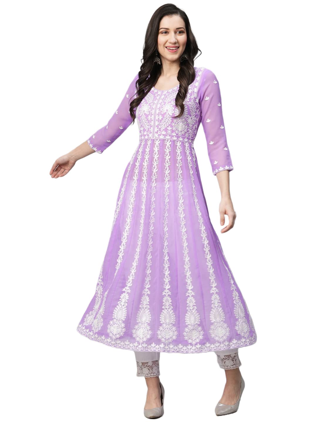 Anni Designer Women'S Georgette Chikankari Embroidered Anarkali Kurti (Naav Purple_M_Purple_Medium),Purple,M