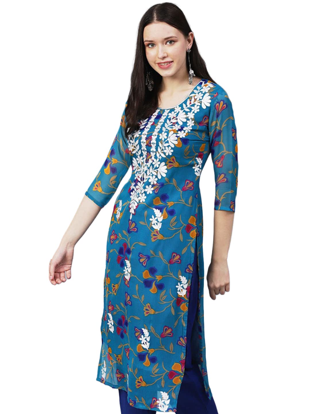 Gosriki Women'S Printed Georgette Chikankari Embroidered Kurti (Gori-Cerosin-Nw-Gs_S_Dark Blue_Small),Dark Blue,,B0BRV56KXB
