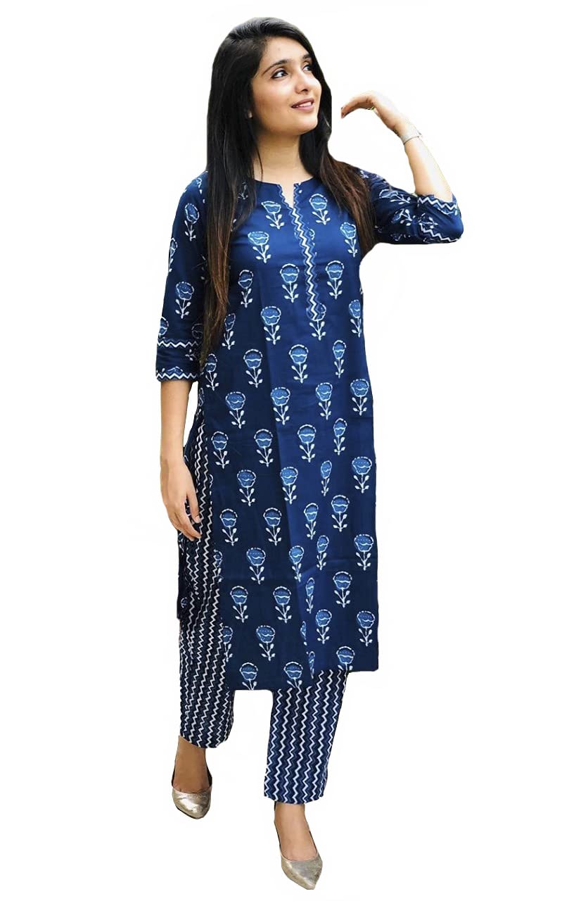 Anni Designer Women'S Pure Cotton Flower Print Kurta With Palazzo (Blue-Flower-01_Sy_Xl),699,XL