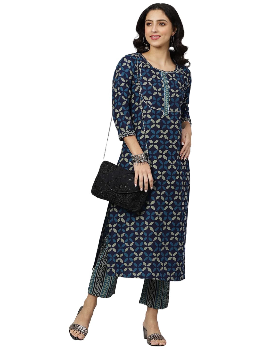 Anni Designer Women'S Cotton Blend Printed Straight Kurta With Pant (Toni Bill Nw-Blue_Xxl_Blue_Xx-Large),Blue,2XL