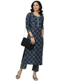 Anni Designer Women'S Cotton Blend Printed Straight Kurta With Pant (Toni Bill Nw-Blue_Xxl_Blue_Xx-Large),Blue,2XL