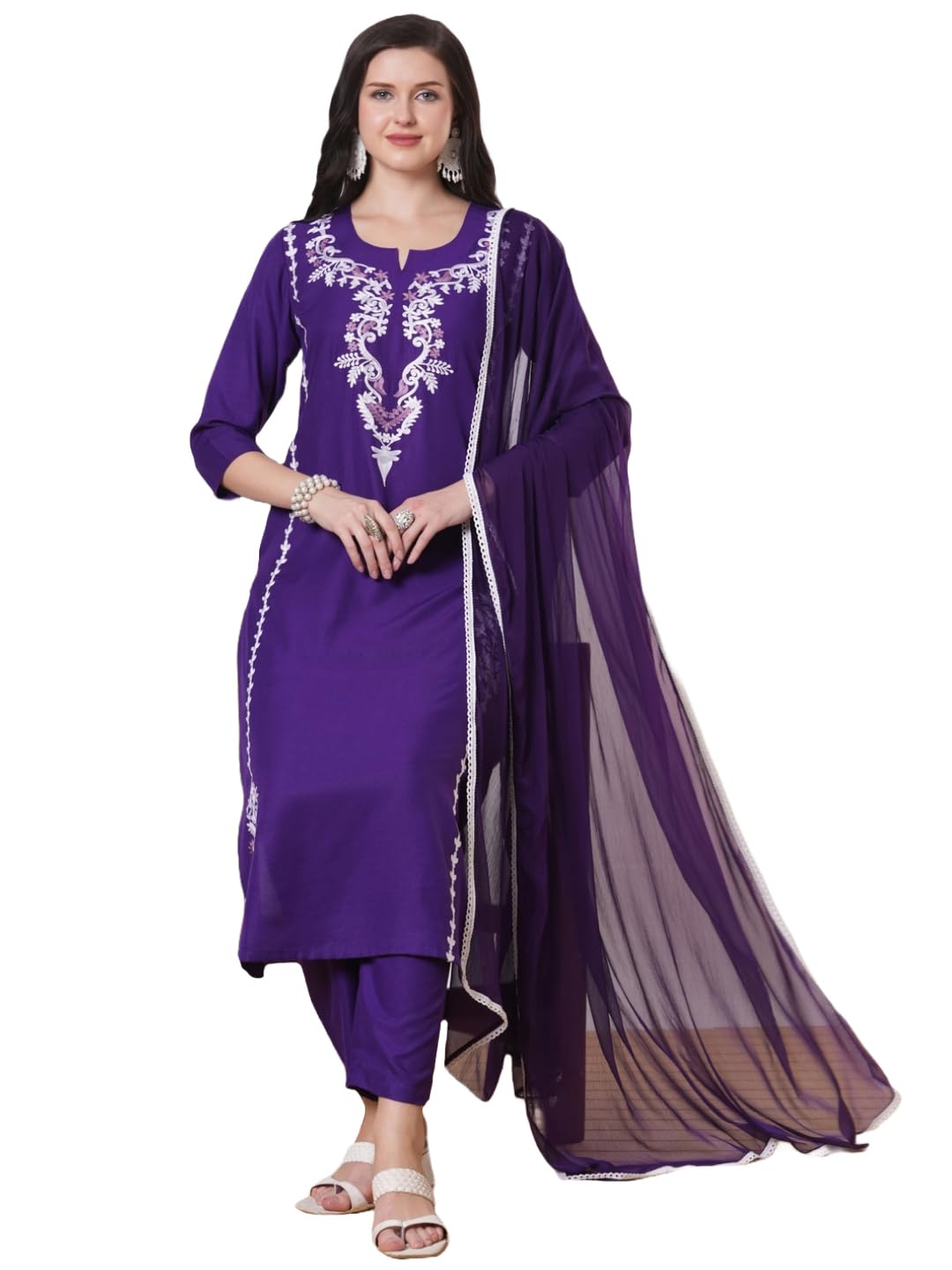 Anni Designer Women'S Rayon Viscose Embroidered Straight Kurta With Pant & Dupatta (Jayashuda Begani-Vks01_M_Begani_Medium),Begani,M