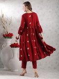 Anni Designer Women'S Rayon Blend Anarkali Printed Kurta With Pant (Anveshi Maroon-Vks03_M_Maroon_Medium),Maroon,M,,,