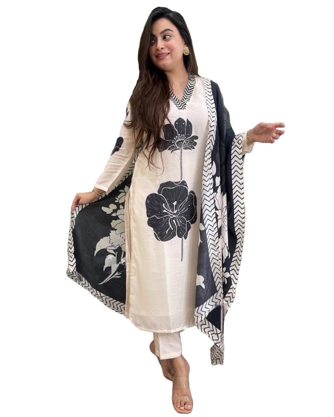 Anni Designer Women'S Cotton Blend Straight Printed Kurta With Pant & Dupatta (Reeka Cream-Nw_Xl_Cream_X-Large),Cream,XL