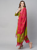 Anni Designer Women'S Cotton Blend Straight Printed Kurta With Pant & Dupatta (Sibori Methi-Ks_S_Green_Small),Green,S,Cotton Blend,Regular,Kurta, Scarf