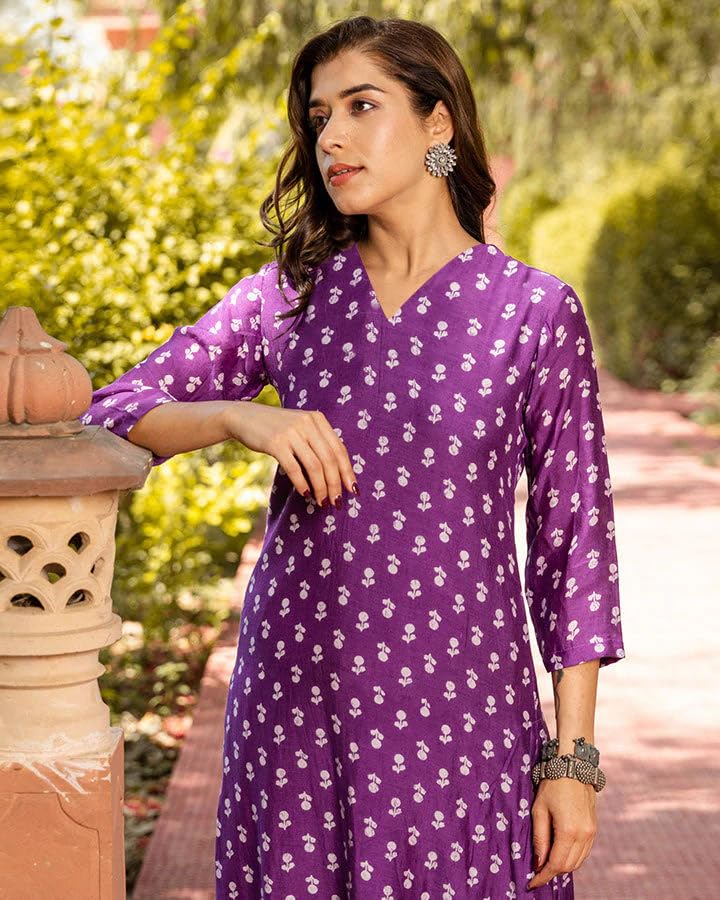 Anni Designer Women'S Cotton Blend Straight Printed Kurta With Palazzo (Tenzin Purple_M_Purple_Medium),Purple,M,,,